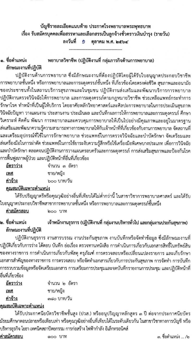 โรงพยาบาลพระพุทธบาท รับสมัครสอบคัดเลือกบุคคลเพื่อจ้างเป็นลูกจ้างชั่วคราว จำนวน 12 ตำแหน่ง 29 อัตรา (วุฒิ ประถม ม.ต้น ม.ปลาย ปวช. ปวส. ป.ตรี) รับสมัครสอบตั้งแต่วันที่ 5-12 ต.ค. 2564