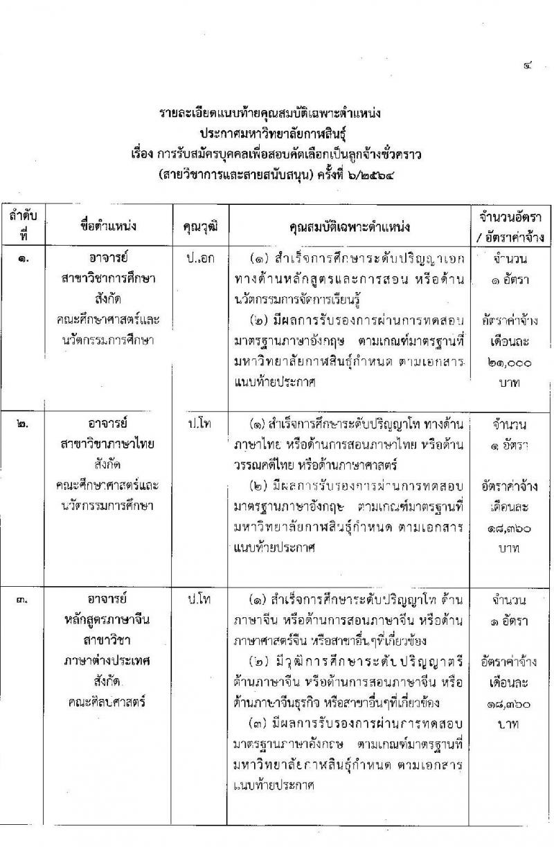 มหาวิทยาลัยกาฬสินธุ์ รับสมัครบุคคลเพื่อสอบคัดเลือกเป็นลูกจ้างชั่วคราว (สายวิชาการและสายสนับสนุน) จำนวน 11 อัตรา (วุฒิ ป.4 ขึ้นไป ม.3 ขึ้นไป ป.โท ป.เอก) 11-18 ต.ค. 2564