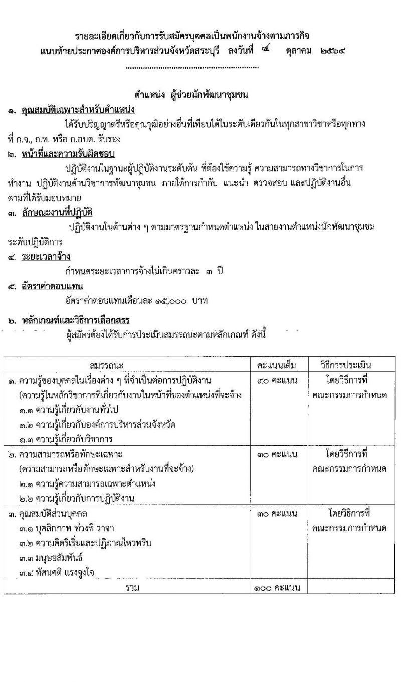 องค์การบริหารส่วนจังหวัดสระบุรี รับสมัครบุคคลเพื่อเลือกสรรเป็นพนักงานจ้างตามภารกิจ จำนวน 11 ตำแหน่ง 27 อัตรา (วุฒิ ปวช. ปวท. ปวส. ป.ตรี) รับสมัครตั้งแต่วันที่ 14-26 ต.ค. 2564