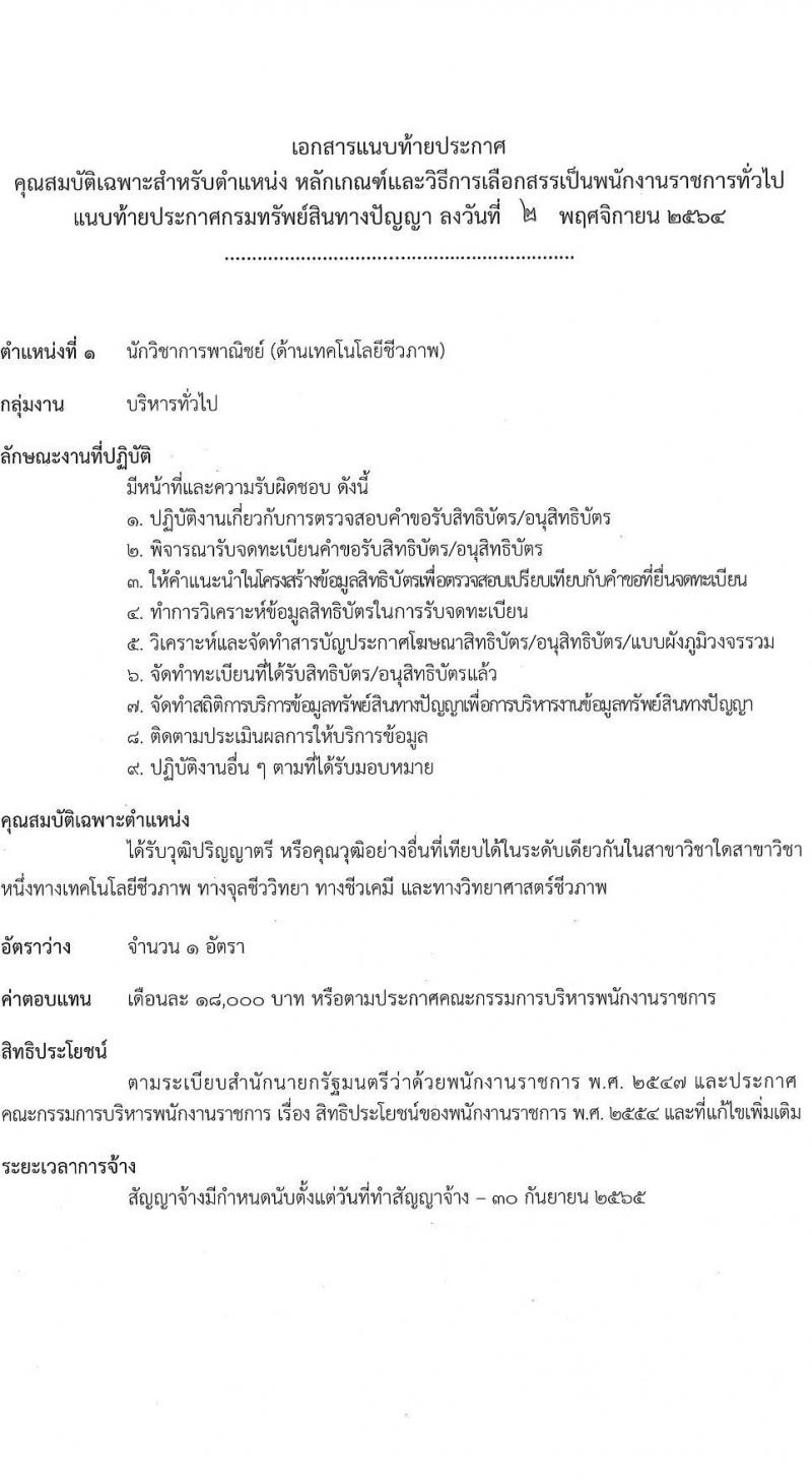 กรมทรัพย์สินทางปัญญา รับสมัครบุคคลเพื่อเลือกสรรเป็นพนักงานราชการทั่วไป จำนวน 4 ตำแหน่ง ครั้งแรก 5 อัตรา (วุฒิ ป.ตรี) รับสมัครสอบทางอินเทอร์เน็ต ตั้งแต่วันที่ 15 พ.ย. – 3 ธ.ค. 2564