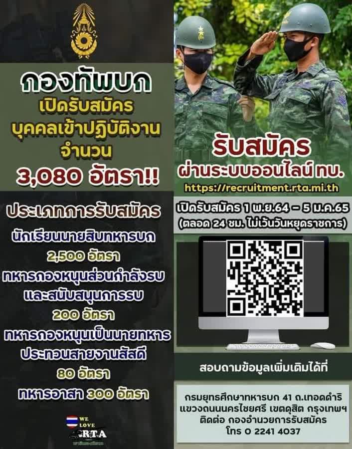 กองทัพบกรับสมัครสอบนายสิบ64 นายสิบสัสดี64 ทหารอาสา64