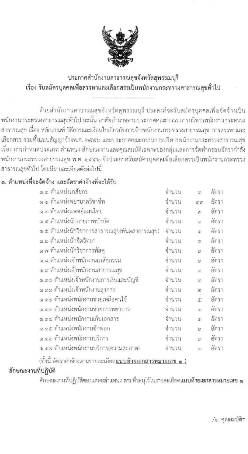 สำนักงานสาธารณสุขจังหวัดสุพรรณบุรี รับสมัครบุคคลเพื่อสรรหาและเลือกสรรเป็นพนักงานกระทรวงสาธารณสุขทั่วไป จำนวน 17 ตำแหน่ง 42 อัตรา (วุฒิ ม.ต้น ม.ปลาย ปวช. ปวส. ป.ตรี) รับสมัครสอบตั้งแต่วันที่ 22-26 พ.ย. 2564