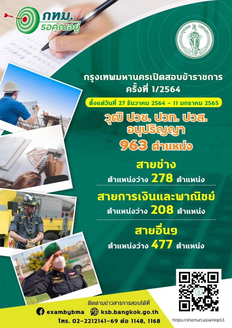 สำนักงานคณะกรรมการข้าราชการกรุงเทพมหานคร รับสมัครสอบแข่งขันเพื่อบรรจุและแต่งตั้งบุคคลเข้ารับราชการ ครั้งที่ 1/2564 จำนวน ตำแหน่งว่า 1,143 อัตรา (วุฒิ ปวช. ปวส. อนุปริญญา ป.ตรี) รับสมัครสอบทางอินเทอร์เน็ต ตั้งแต่วันที่ 27 ธ.ค. 64 – 11 ม.ค. 65