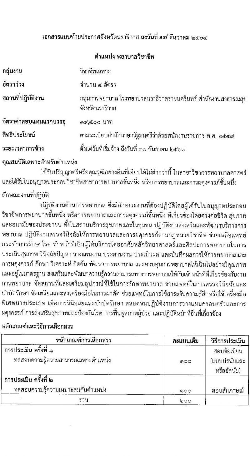 สาธารณสุขจังหวัดนราธิวาส โรงพยาบาลนราธิวาสราชนครินทร์ รับสมัครบุคคลเพื่อเลือกสรรเป็นพนักงานราชการ จำนวน 6 ตำแหน่ง 10 อัตรา (วุฒิ ปวส. ป.ตรี) รับสมัครสอบทางอินเทอร์เน็ต ตั้งแต่วันที่ 4-10 ม.ค. 2565