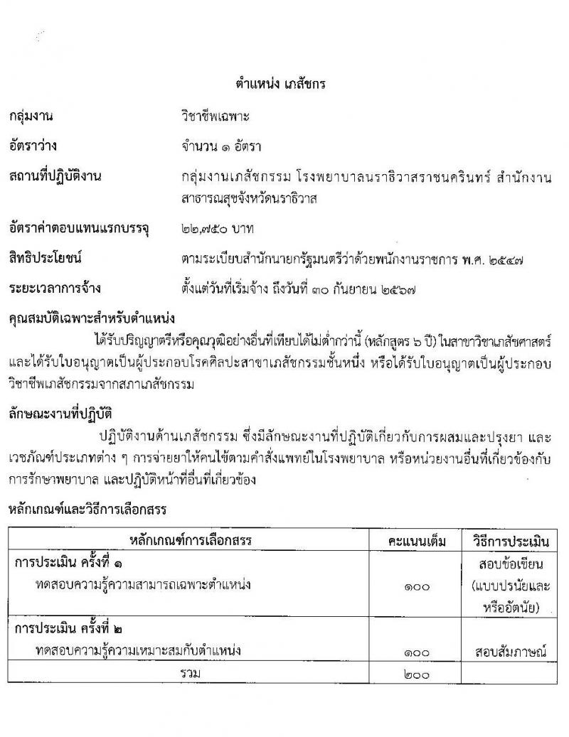 สาธารณสุขจังหวัดนราธิวาส โรงพยาบาลนราธิวาสราชนครินทร์ รับสมัครบุคคลเพื่อเลือกสรรเป็นพนักงานราชการ จำนวน 6 ตำแหน่ง 10 อัตรา (วุฒิ ปวส. ป.ตรี) รับสมัครสอบทางอินเทอร์เน็ต ตั้งแต่วันที่ 4-10 ม.ค. 2565
