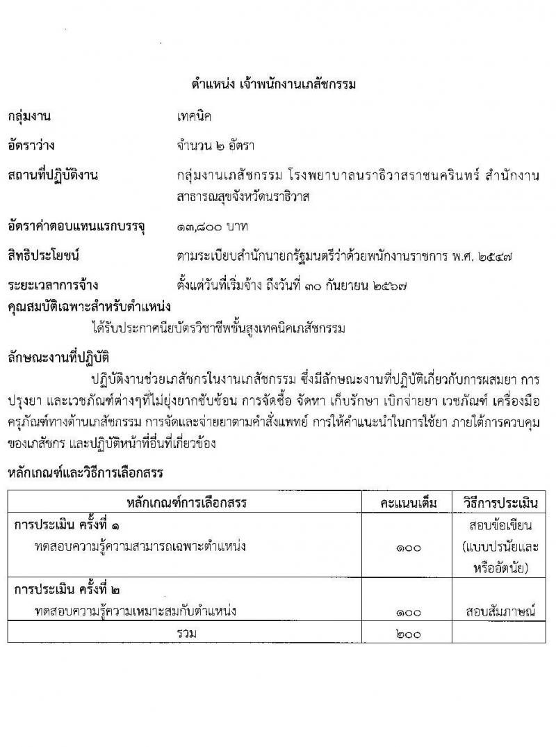 สาธารณสุขจังหวัดนราธิวาส โรงพยาบาลนราธิวาสราชนครินทร์ รับสมัครบุคคลเพื่อเลือกสรรเป็นพนักงานราชการ จำนวน 6 ตำแหน่ง 10 อัตรา (วุฒิ ปวส. ป.ตรี) รับสมัครสอบทางอินเทอร์เน็ต ตั้งแต่วันที่ 4-10 ม.ค. 2565