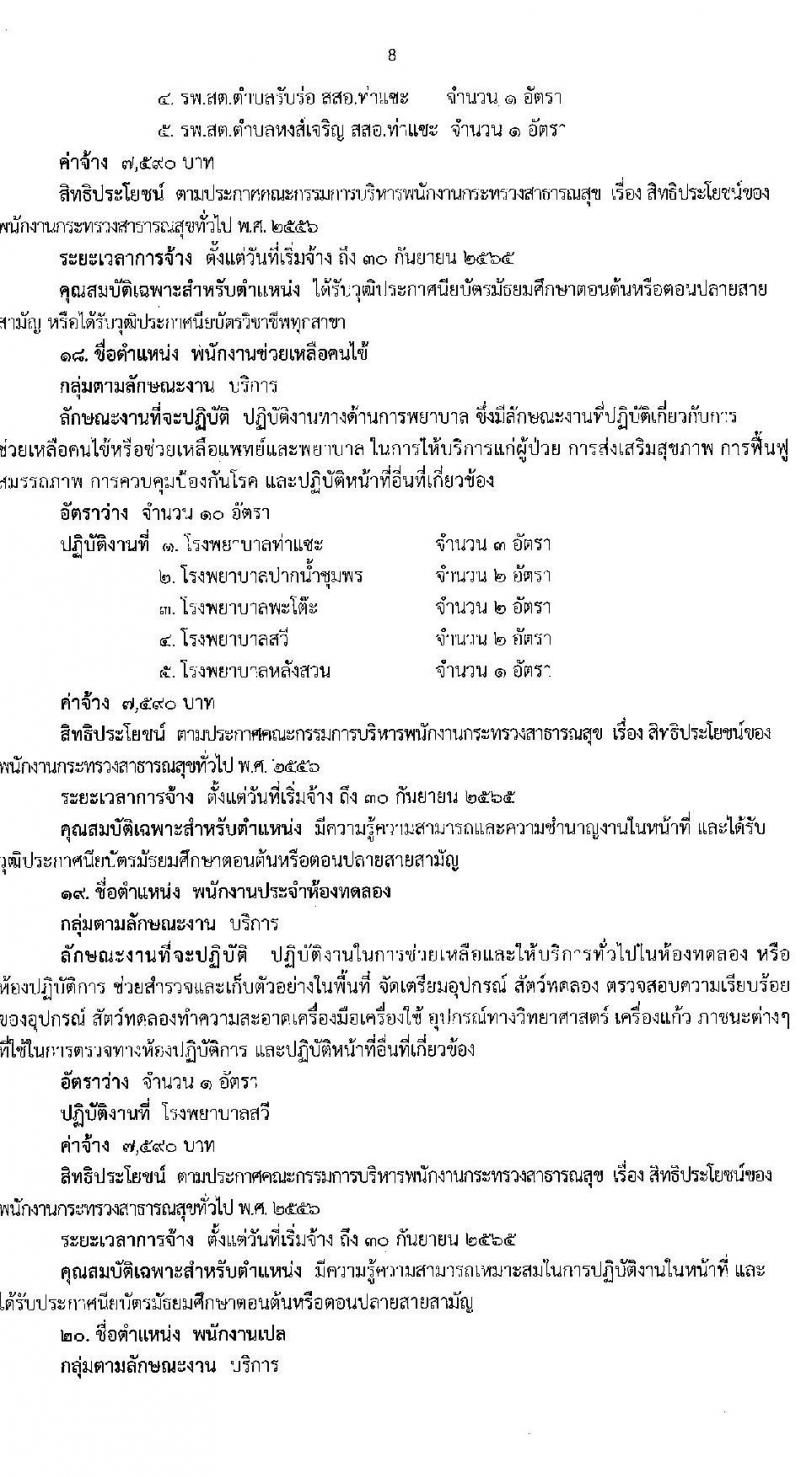 สำนักงานสาธารณสุขจังหวัดชุมพร รับสมัครบุคคลเพื่อเลือกสรรเป็นพนักงานกระทรวงสาธารณสุขทั่วไป จำนวน 21 ตำแหน่ง ครั้งแรก 60 อัตรา (วุฒิ ม.ต้น ม.ปลาย ปวช. ปวส. ป.ตรี) รับสมัครสอบตั้งแต่วันที่ 10-14 ม.ค. 2565
