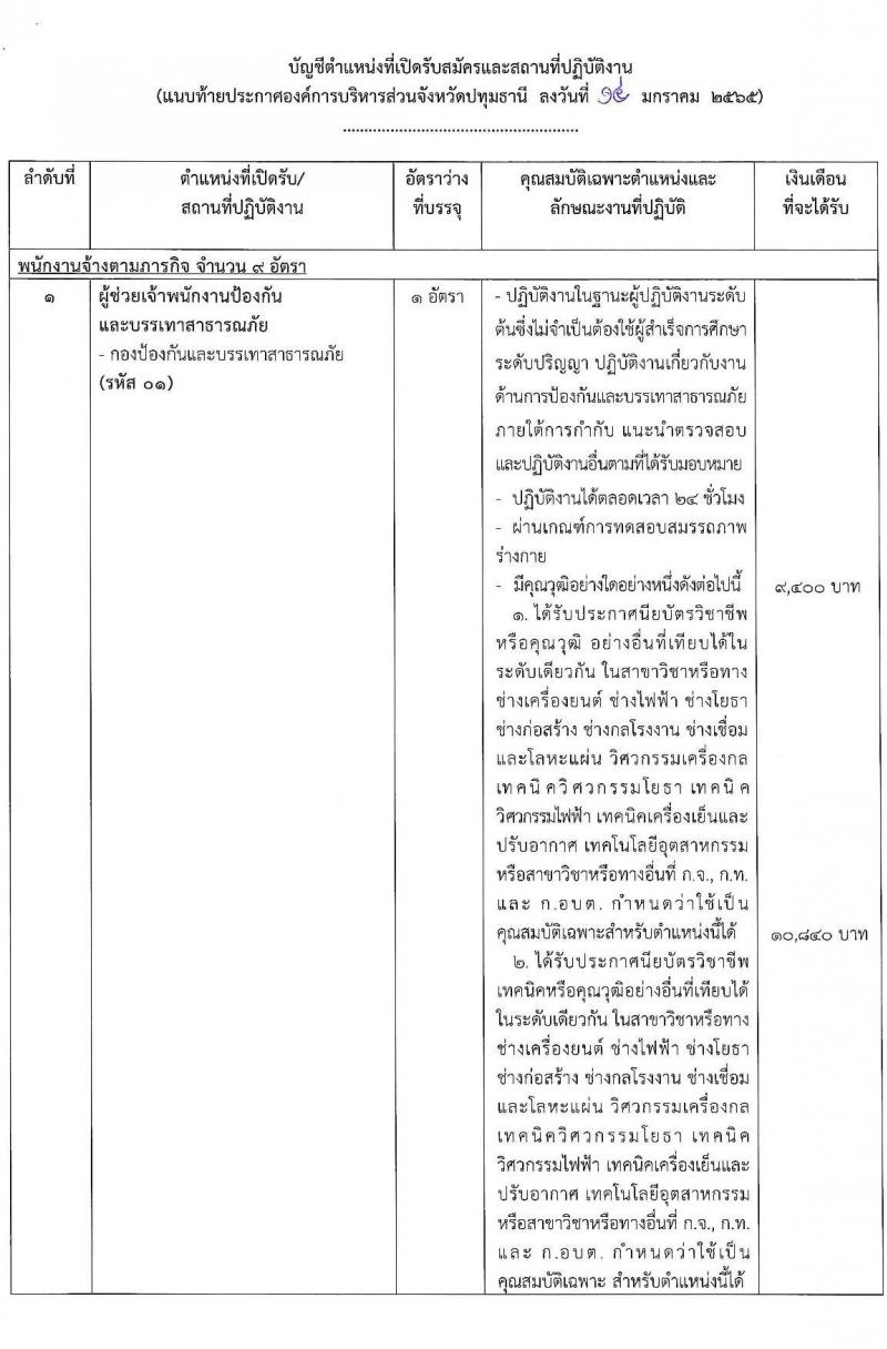 องค์การบริหารส่วนจังหวัดปทุมธานี รับสมัครสรรหาและเลือกสรรบุคคลเพื่อจ้างเป็นพนักงานจ้าง จำนวน 5 ตำแหน่ง 27 อัตรา (บางตำแหน่งไม่ต้องใช้วุฒิ, วุฒิ ปวช.) รับสมัครสอบตั้งแต่วันที่ 24 ม.ค. – 4 ก.พ. 2565
