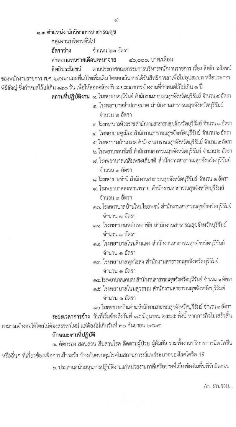สำนักงานสาธารณสุขจังหวัดบุรีรัมย์ รับสมัครบุคคลเพื่อเลือกสรรเป็นพนักงานราชการเฉพาะกิจ จำนวน 4 ตำแหน่ง 41 อัตรา (วุฒิ ป.ตรี) รับสมัครสอบทางอินเทอร์เน็ต ตั้งแต่วันที่ 22-25 ก.พ. 2565