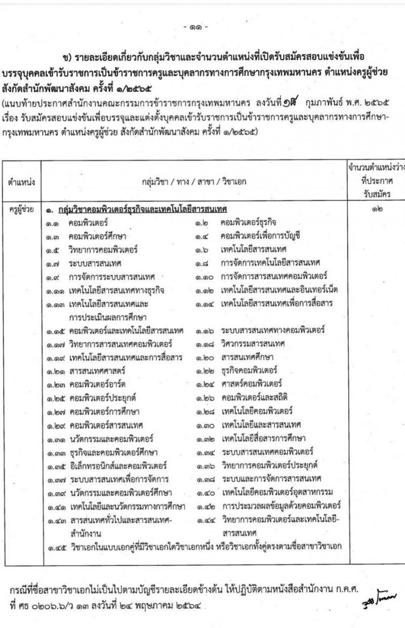 สำนักงานคณะกรรมการข้าราชการกรุงเทพมหานคร รับสมัครสอบแข่งขันเพื่อบรรจุและแต่งตั้งบุคคลเข้ารับราชการเป็นข้าราชการครู ตำแหน่งครูผู้ช่วย จำนวน 35 อัตรา (วุฒิ ป.ตรี ทางรการศึกษา) รับสมัครสอบทางอินเทอร์เน็ต ตั้งแต่วันที่ 25 ก.พ. – 6 มี.ค. 2565