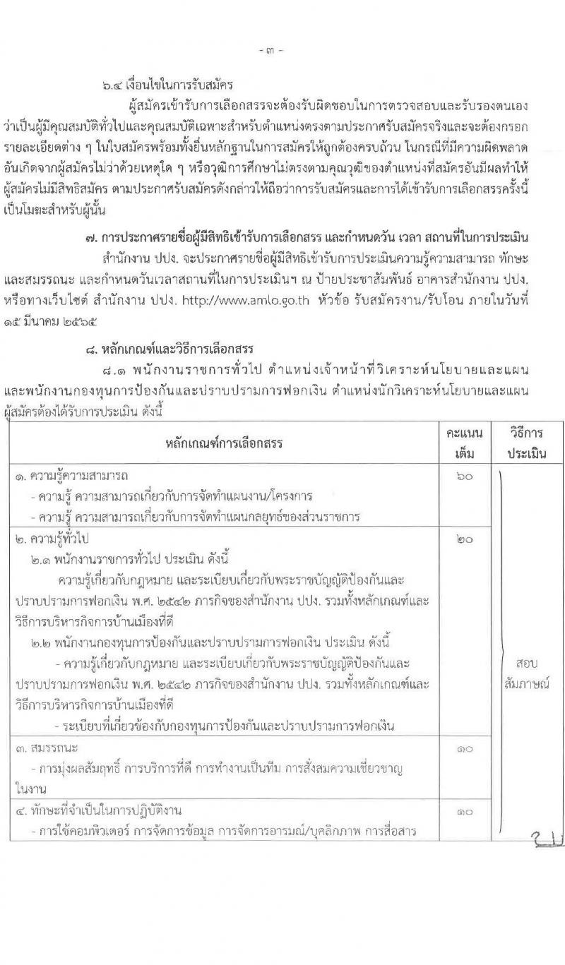 สำนักงานป้องกันและปราบปรามการฟอกเงิน รับสมัครบุคคลเพื่อเลือกสรรเป็นพนักงานราชการทั่วไป จำนวน 3 อัตรา (วุฒิ ป.ตรี) รับสมัครสอบตั้งแต่วันที่ 2-8 มี.ค. 2565