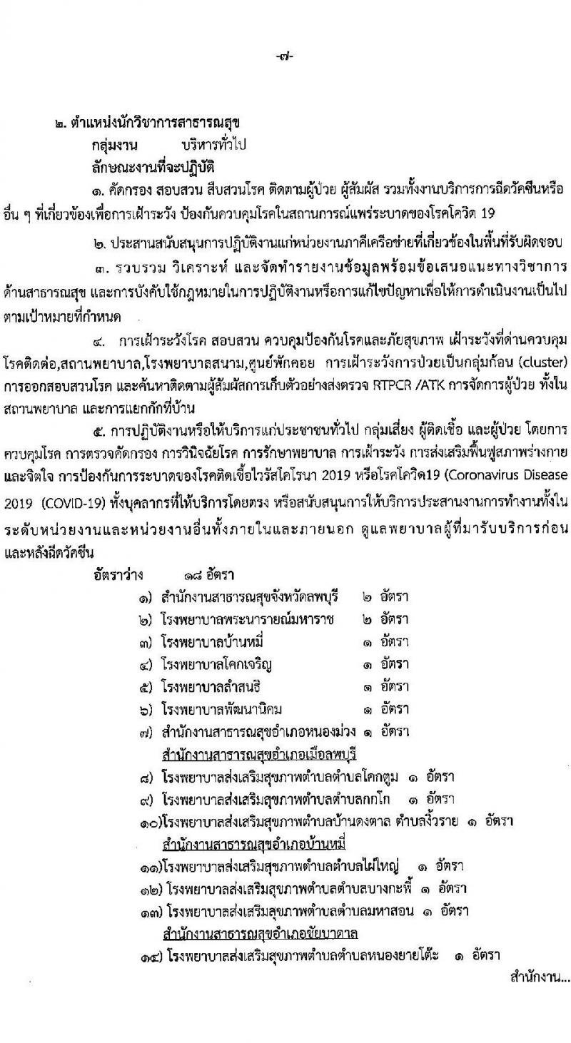 สาธารณสุขจังหวัดลพบุรี รับสมัครบุคคลเพื่อเลือกสรรเป็นพนักงานราชการเฉพาะกิจ จำนวน 3 ตำแหน่ง 30 อัตรา (วุฒิ ป.ตรี ป.โท) รับสมัครสอบตั้งแต่วันที่ 28 ก.พ. – 4 มี.ค. 2565