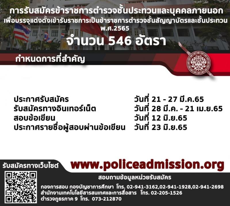 สำนักงานตำรวจแห่งชาติ รับสมัครบุคคลภายนอกและข้าราชการตำรวจชั้นประทวน รวม 546 อัตรา (วุฒิ ปวช. ป.ตรี) รับสมัครสอบทางอินเทอร์เน็ต ตั้งแต่วันที่ 28 มี.ค. – 21 เม.ย. 2565
