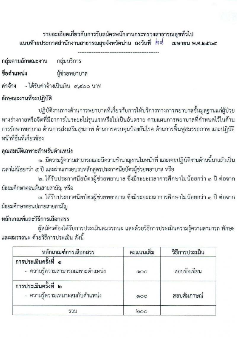 สาธารณสุขจังหวัดน่าน รับสมัครบุคคลเพื่อเลือกสรรเป็นพนักงานกระทรวงสาธารณสุขทั่วไป จำนวน 12 ตำแหน่ง 15 อัตรา (วุฒิ ม.ต้น ม.ปลาย ปวส. ป.ตรี)  สอบตั้งแต่วันที่ 9-17 พ.ค. 2565