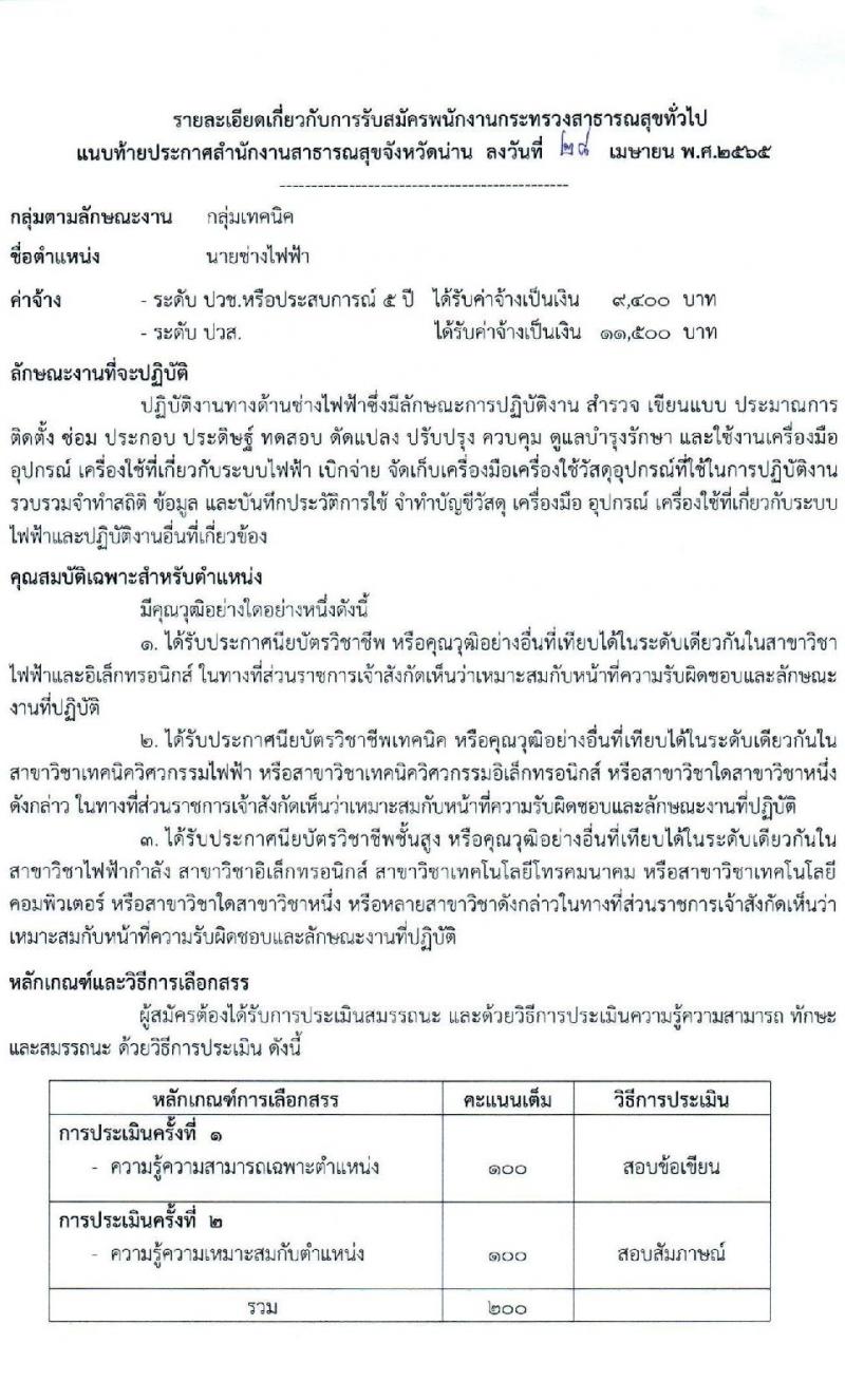 สาธารณสุขจังหวัดน่าน รับสมัครบุคคลเพื่อเลือกสรรเป็นพนักงานกระทรวงสาธารณสุขทั่วไป จำนวน 12 ตำแหน่ง 15 อัตรา (วุฒิ ม.ต้น ม.ปลาย ปวส. ป.ตรี)  สอบตั้งแต่วันที่ 9-17 พ.ค. 2565