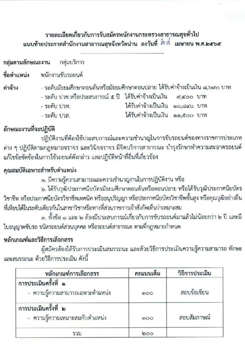สาธารณสุขจังหวัดน่าน รับสมัครบุคคลเพื่อเลือกสรรเป็นพนักงานกระทรวงสาธารณสุขทั่วไป จำนวน 12 ตำแหน่ง 15 อัตรา (วุฒิ ม.ต้น ม.ปลาย ปวส. ป.ตรี)  สอบตั้งแต่วันที่ 9-17 พ.ค. 2565