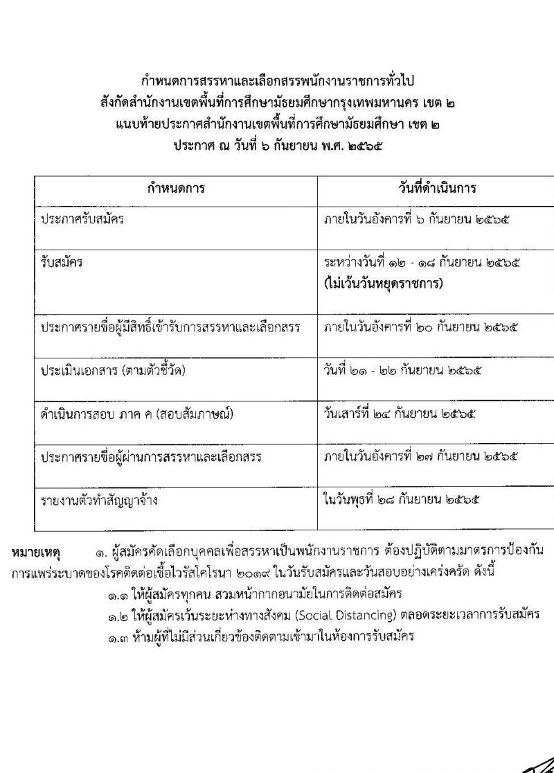 สพม. กรุงเทพมหานคร เขต 2 รับสมัครบุคคลเพื่อสรรหาและเลือกสรรเป็น พนักงานราชการทั่วไป จำนวน 4 ตำแหน่ง 20 อัตรา (วุฒิ ปวส. ป.ตรี) รับสมัครสอบตั้งแต่วันที่ 12-18 ก.ย. 2565