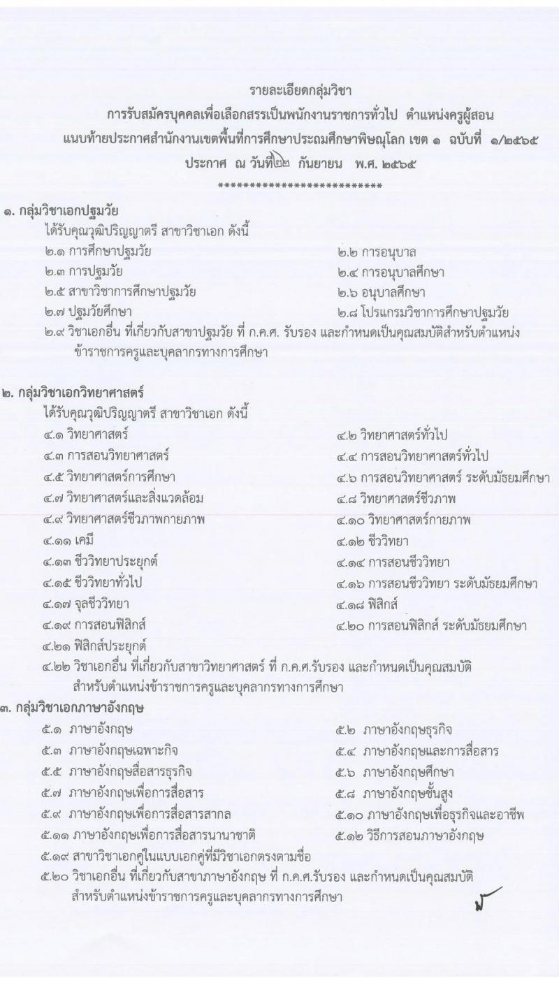 สำนักงานเขตพื้นที่การศึกษาประถมศึกษาพิษณุโลก เขต 1 รับสมัครบุคคลเพื่อจัดจ้างเป็นพนักงานราชการทั่วไป ตำแหน่ง ครูผู้สอน จำนวน 4 อัตรา (วุฒิ ป.ตรี) รับสมัครสอบตั้งแต่วันที่ 3-7 ต.ค. 2565