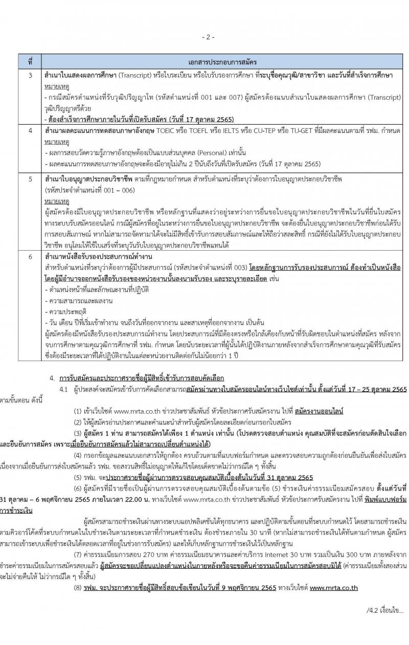 การรถไฟฟ้าขนส่งมวลชนแห่งประเทศไทย รับสมัครบุคคลเพื่อเข้าทำงาน จำนวน 29 อัตรา (วุฒิ ป.ตรี ป.โท) รับสมัครสอบทางเว็บไซต์ ตั้งแต่วันที่ 17-25 ต.ค. 2565