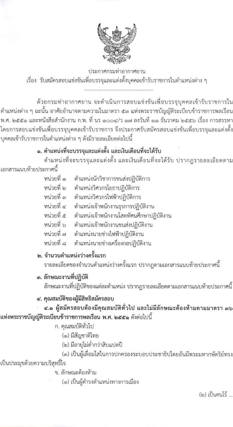 กรมท่าอากาศยาน รับสมัครสอบแข่งขันเพื่อบรรจุและแต่งตั้งบุคคลเข้ารับราชการ จำนวน 8 ตำแหน่ง ครั้งแรก 11 อัตรา (วุฒ ปวส. ป.ตรี) รับสมัครทางอินเทอร์เน็ต ตั้งแต่วันที่ 15 พ.ย. – 22 ธ.ค. 2565