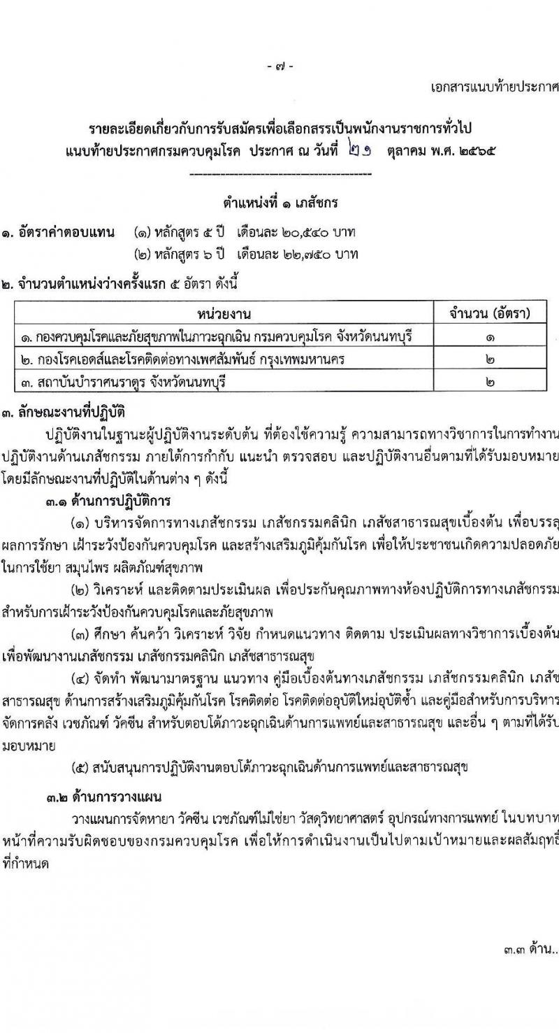 กรมควบคุมโรค รับสมัครบุคคลเพื่อเลือกสรรเป็นพนักงานราชการทั่วไป จำนวน 3 ตำแหน่ง 10 อัตรา (วุฒิ ป.ตรี) รับสมัครสอบทางอินเทอร์เน็ต ตั้งแต่วันที่ 3-21 พ.ย. 2565
