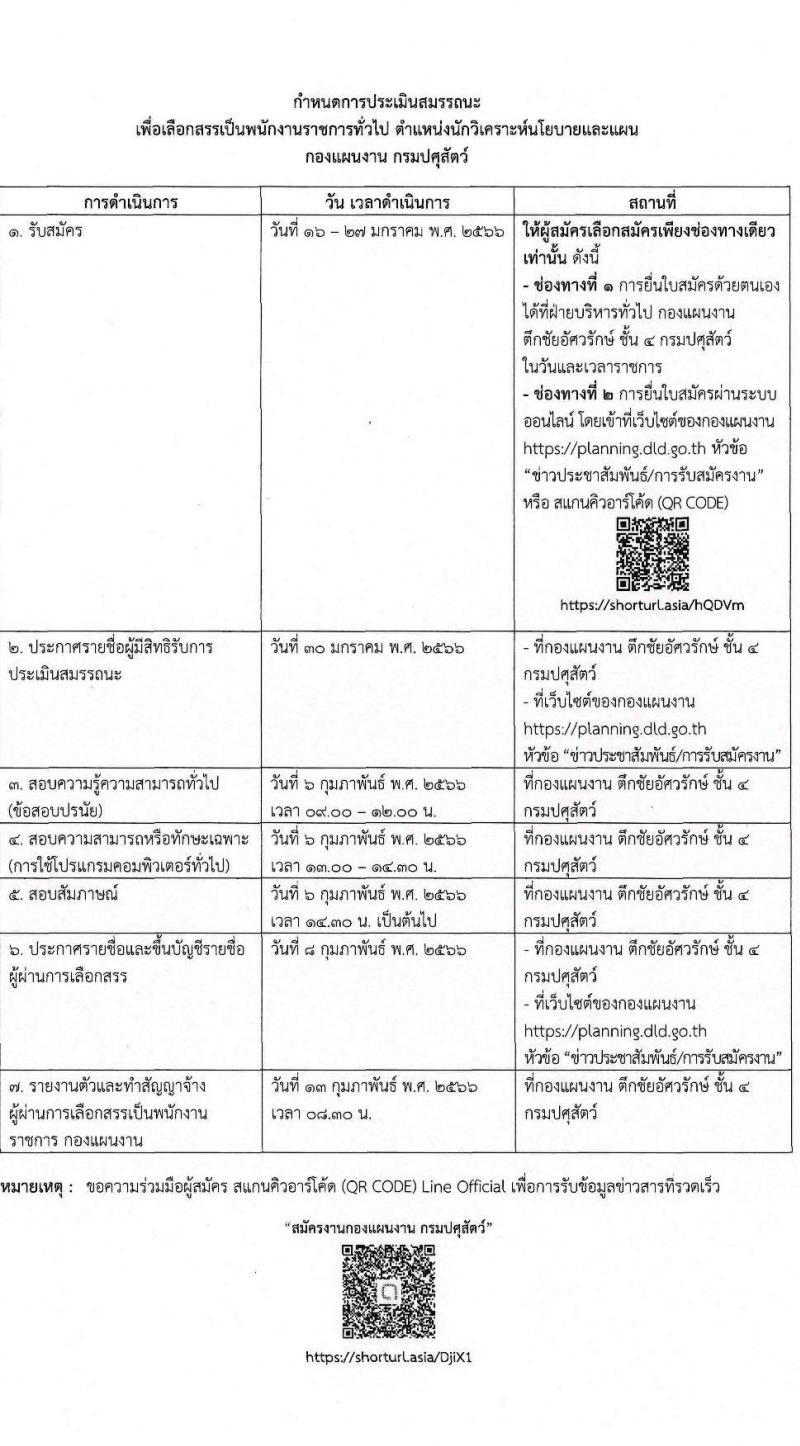 กรมปศุสัตว์ รับสมัครบุคคลเพื่อเลือกสรรเป็นพนักงานราชการทั่วไป ตำแหน่งนักเคราะห์นโยบายและแผน จำนวน 3 อัตรา (วุฒิ ป.ตรี) รับสมัครสอบทางอินเทอร์เน็ต ตั้งแต่วันที่ 16-27 ม.ค. 2566