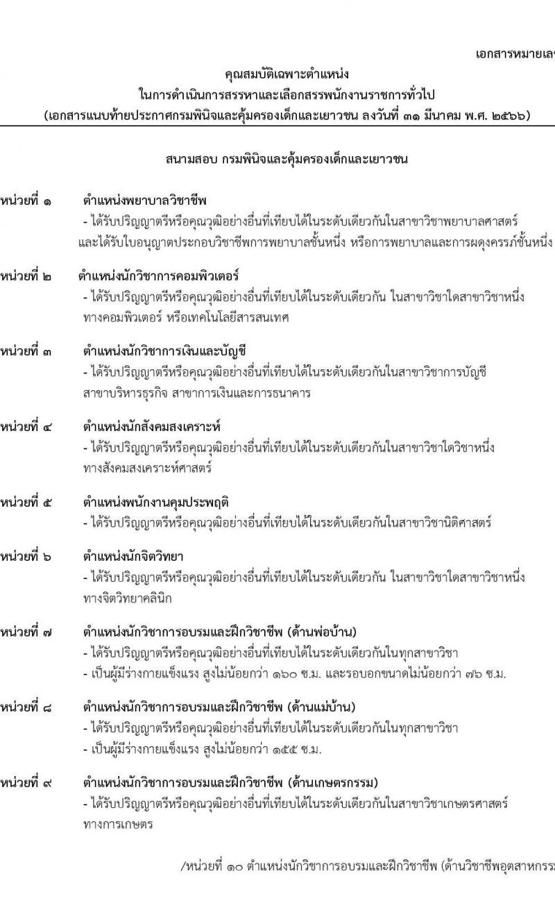 กรมพินิจและคุ้มครองเด็กและเยาวชน รับสมัครบุคคลเพื่อเลือกสรรและจัดจ้างเป็นพนักงานราชการทั่วไป จำนวน 23 ตำแหน่ง ครั้งแรก 170 อัตรา (วุฒิ ปวส. ป.ตรี) รับสมัครสอบทางอินเทอร์เน็ต ตั้งแต่วันที่ 3-20 เม.ย. 2566
