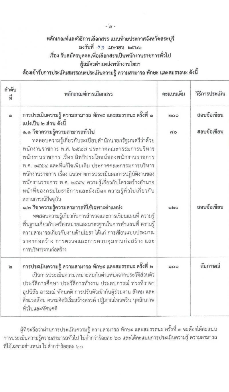 สำนักงานโยธาธิการและผังเมืองจังหวัดสระบุรี รับสมัครบุคคลเพื่อเลือกสรรเป็นพนักงานราชการทั่วไป จำนวน 2 อัตรา (วุฒิ ปวส.หรือเทียบเท่า ป.ตรี) รับสมัครสอบตั้งแต่วันที่ 24-28 เม.ย. 2566