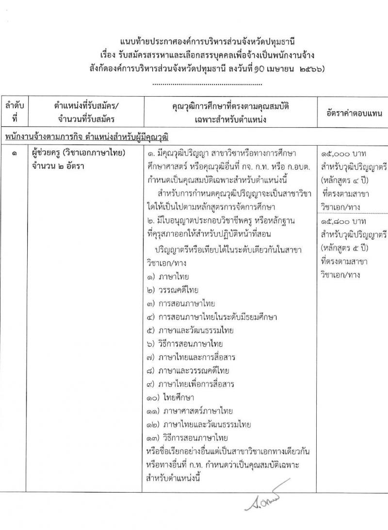 องค์การบริหารส่วนจังหวัดปทุมธานี รับสมัครสรรหาและเลือกสรรบุคคลเพื่อจ้าง จำนวน 11 ตำแหน่ง 62 อัตรา (บางตำแหน่งไม่ต้องใช้วุฒิ, วุฒิ ม.ต้น ม.ปลาย ปวช. ปวส. ป.ตรี) รับสมัครสอบตั้งแต่วันที่ 24 เม.ย. – 2 พ.ค. 2566