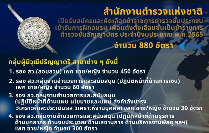 สำนักงานตำรวจแห่งชาติ เปิดรับสมัครและคัดเลือกข้าราชการตำรวจชั้นประทวนเข้ารับการฝึกอบรมเพื่อแต่งตั้งเลื่อนชั้นเป็นข้าราชการสัญญาบัตร ประจำปีงบประมาณ พ.ศ. 2566 จำนวน 880 อัตรา รับสมัครทางอินเทอร์เน็ตตั้งแต่วันที่ 25-31 พ.ค. 2566