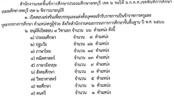 อ.ก.ค.ศ. เขตพื้นที่การศึกษาประถมศึกษาลพ เขต 2 ขออนุมัติเปิดสอบบรรจุและแต่งตั้งบุคคลเข้ารับราชการครูและบุคลากรทางการศึกษา ตำแหน่งครูผู้ช่วย จำนวน 9 เอกวิชา 66 อัตรา (วุฒิ ป.ตรี)