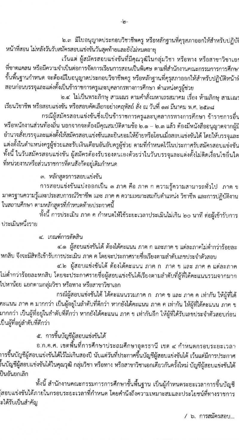 อ.ก.ค.ศ.เขตพื้นที่การศึกษาประถมศึกษาอุดรธานี เขต 4 รับสมัครสอบแข่งขันเพื่อบรรจุและแต่งตั้งบุคคลเข้ารับราชการครูและบุคลากรทางการศึกษา ตำแหน่งครูผู้ช่วย จำนวน 5 กลุ่มวิชาเอก 5 อัตรา (วุฒิ ป.ตรี) รับสมัครสอบตั้งแต่วันที่ 31 พ.ค. – 6 มิ.ย. 2566