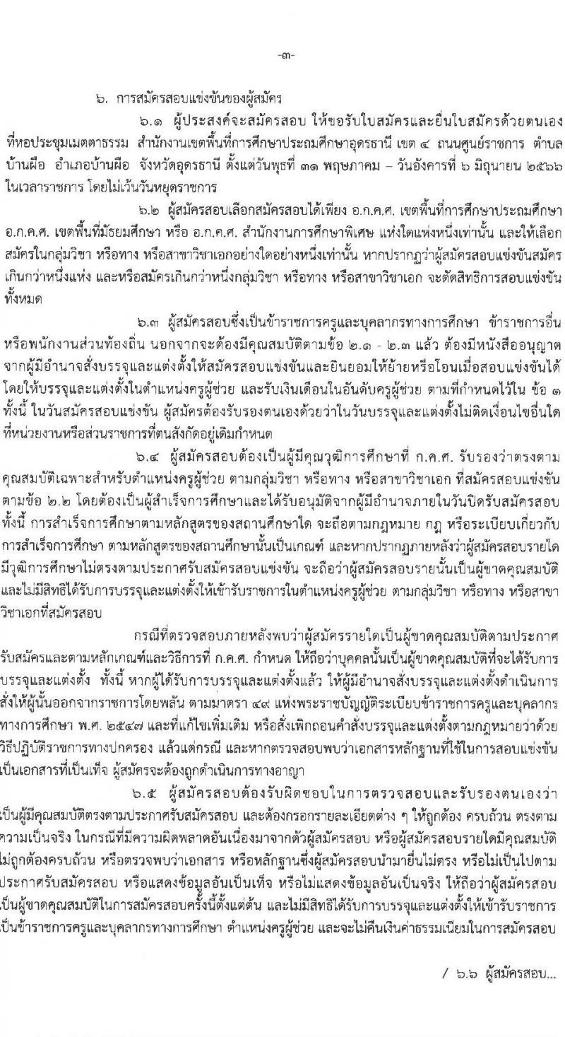 อ.ก.ค.ศ.เขตพื้นที่การศึกษาประถมศึกษาอุดรธานี เขต 4 รับสมัครสอบแข่งขันเพื่อบรรจุและแต่งตั้งบุคคลเข้ารับราชการครูและบุคลากรทางการศึกษา ตำแหน่งครูผู้ช่วย จำนวน 5 กลุ่มวิชาเอก 5 อัตรา (วุฒิ ป.ตรี) รับสมัครสอบตั้งแต่วันที่ 31 พ.ค. – 6 มิ.ย. 2566