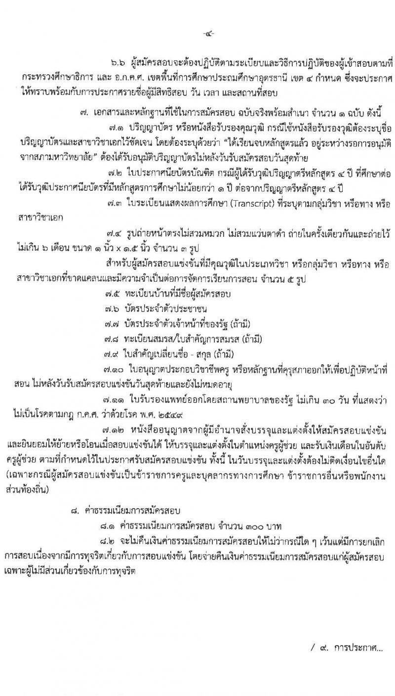 อ.ก.ค.ศ.เขตพื้นที่การศึกษาประถมศึกษาอุดรธานี เขต 4 รับสมัครสอบแข่งขันเพื่อบรรจุและแต่งตั้งบุคคลเข้ารับราชการครูและบุคลากรทางการศึกษา ตำแหน่งครูผู้ช่วย จำนวน 5 กลุ่มวิชาเอก 5 อัตรา (วุฒิ ป.ตรี) รับสมัครสอบตั้งแต่วันที่ 31 พ.ค. – 6 มิ.ย. 2566