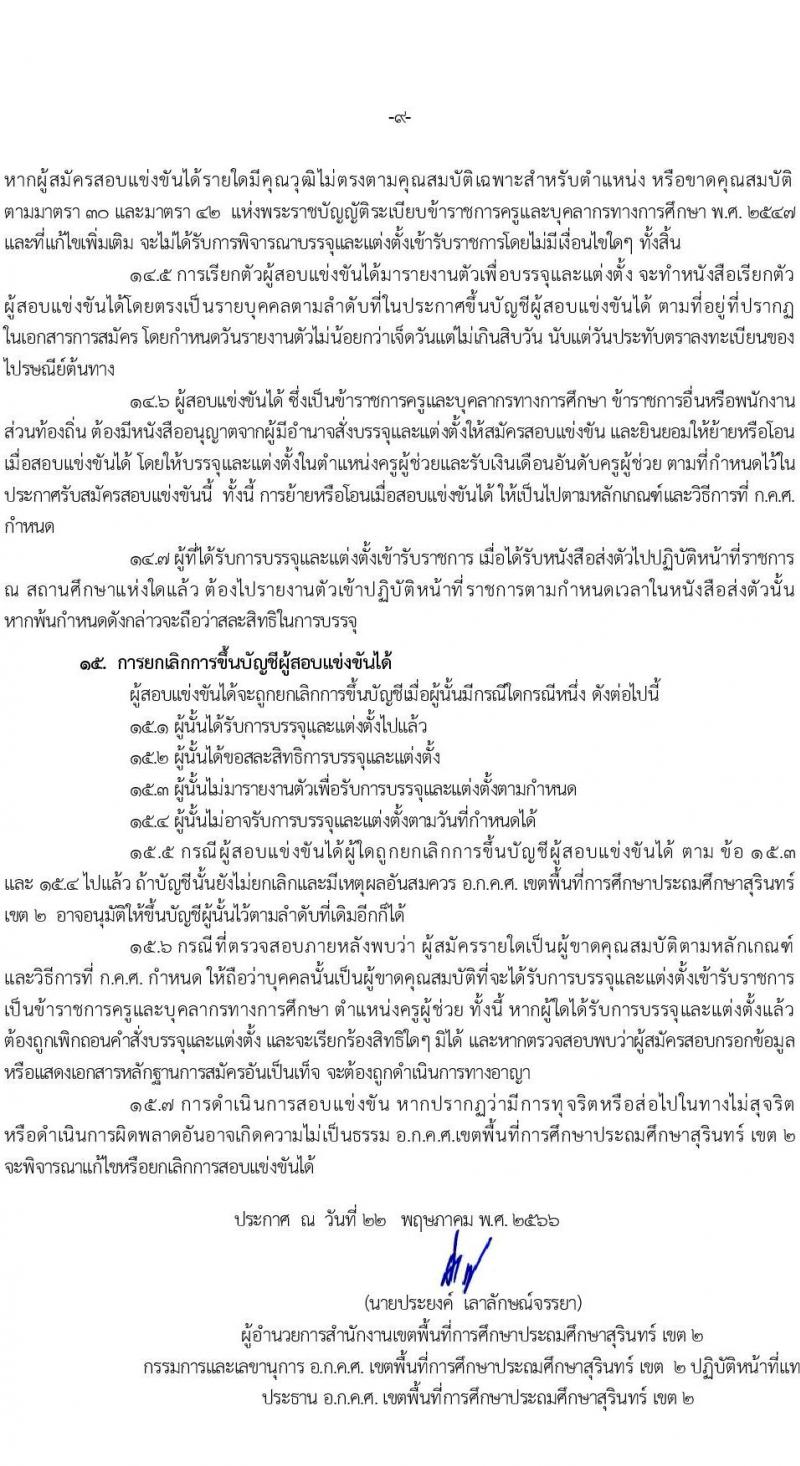 อ.ก.ค.ศ.เขตพื้นที่การศึกษาประถมศึกษาสุรินทร์ เขต 2 รับสมัครสอบแข่งขันเพี่อบรรจุและแต่งตั้งบุคคลเข้ารับราชการเป็นข้าราชการครูและบุคลากรทางการศึกษา ตำแหน่งครูผู้ช่วย 8 อัตรา (วุฒิ ป.ตรี) รับสมัครสอบทางอินเทอร์เน็ตตั้งแต่วันที่ 31 พ.ค. – 6 มิ.ย. 2566