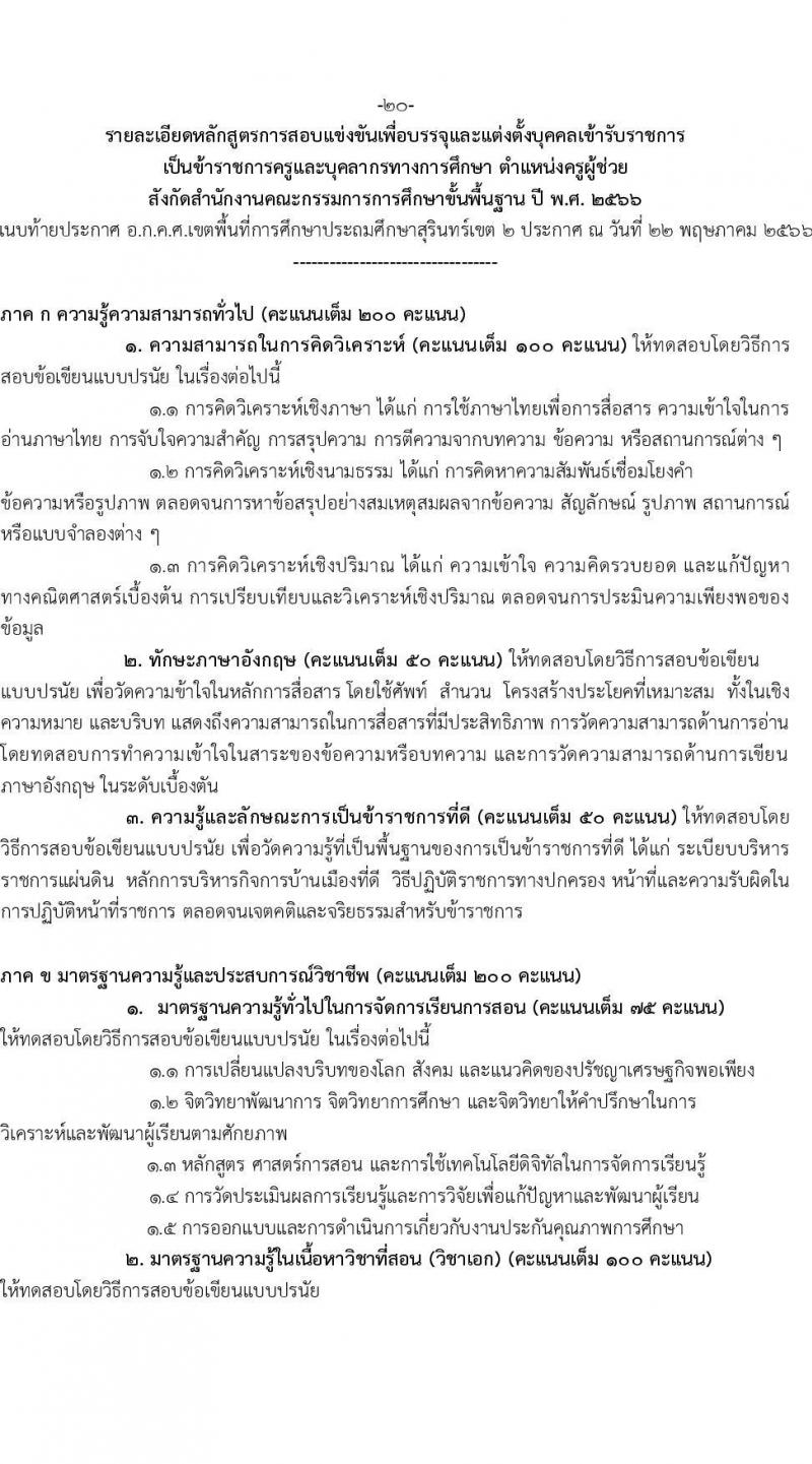 อ.ก.ค.ศ.เขตพื้นที่การศึกษาประถมศึกษาสุรินทร์ เขต 2 รับสมัครสอบแข่งขันเพี่อบรรจุและแต่งตั้งบุคคลเข้ารับราชการเป็นข้าราชการครูและบุคลากรทางการศึกษา ตำแหน่งครูผู้ช่วย 8 อัตรา (วุฒิ ป.ตรี) รับสมัครสอบทางอินเทอร์เน็ตตั้งแต่วันที่ 31 พ.ค. – 6 มิ.ย. 2566