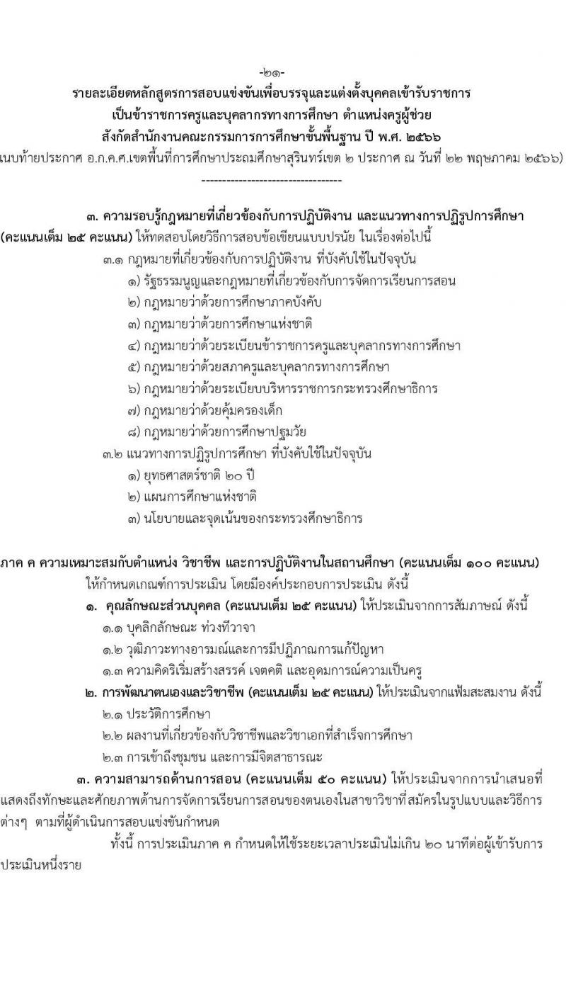 อ.ก.ค.ศ.เขตพื้นที่การศึกษาประถมศึกษาสุรินทร์ เขต 2 รับสมัครสอบแข่งขันเพี่อบรรจุและแต่งตั้งบุคคลเข้ารับราชการเป็นข้าราชการครูและบุคลากรทางการศึกษา ตำแหน่งครูผู้ช่วย 8 อัตรา (วุฒิ ป.ตรี) รับสมัครสอบทางอินเทอร์เน็ตตั้งแต่วันที่ 31 พ.ค. – 6 มิ.ย. 2566