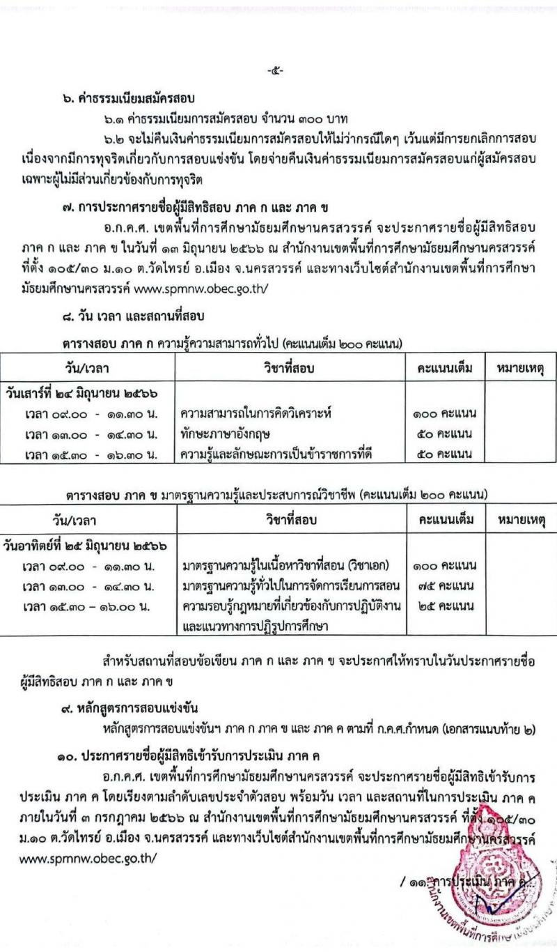 อ.ก.ค.ศ.เขตพื้นที่การศึกษามัธยมศึกษานครสวรรค์ รับสมัครสอบแข่งขันเพื่อบรรจุและแต่งตั้งบุคคลเข้ารับราชการเป็นข้าราชการครูและบุคลากรทางการศึกษา ตำแหน่งครูผู้ช่วย จำนวน 32 อัตรา (วุฒิ ป.ตรี) รับสมัครสอบตั้งแต่วันที่ 31 พ.ค. – 6 มิ.ย. 2566