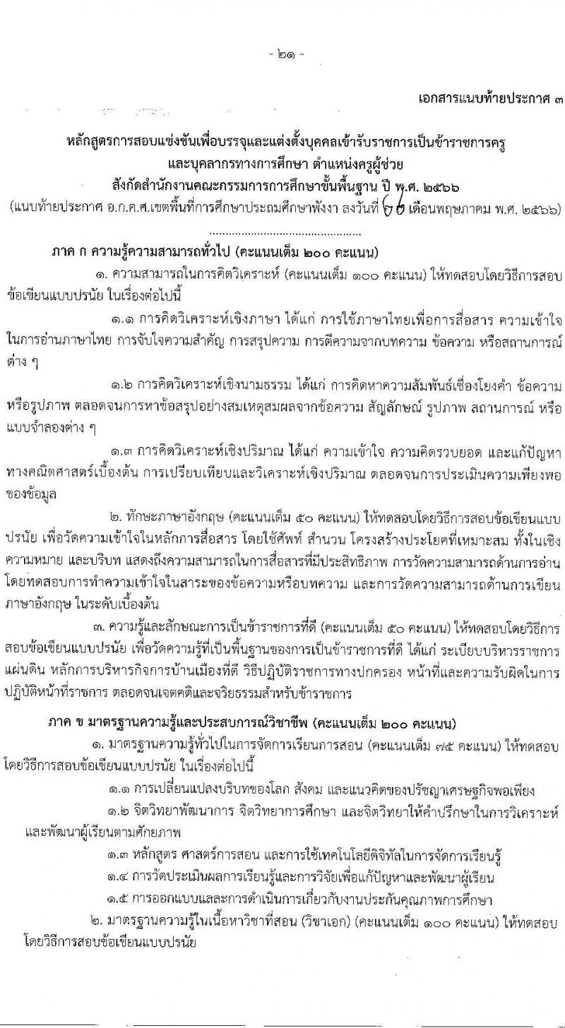 อ.ก.ค.ศ.เขตพื้นที่การศึกษาประถมศึกษาพังงา รับสมัครสอบแข่งขันเพื่อบรรจุและแต่งตั้งบุคคลเข้ารับราชการเป็นข้าราชการครูและบุคลากรทางการศึกษา ตำแหน่งครูผู้ช่วย จำนวน 37 กลุ่มวิชา 154 อัตรา (วุฒิ ป.ตรี) รับสมัครสอบทางอินเทอร์เน็ตตั้งแต่วันที่ 31 พ.ค. – 6 มิ.ย. 2566