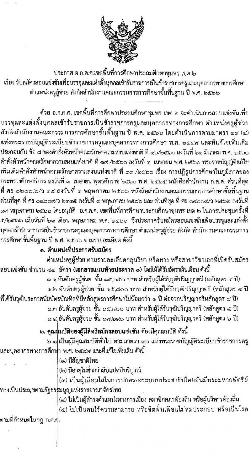 อ.ก.ค.ศ.เขตพื้นที่การศึกษาประถมศึกษาชุมพร รับสมัครสอบแข่งขันเพื่อบรรจุและแต่งตั้งบุคคลเข้ารับราชการเป็นข้าราชการครูและบุคลากรทางการศึกษา ตำแหน่งครูผู้ช่วย จำนวน 10 กลุ่มวิชา จำนวน 84 อัตรา (วุฒิ ป.ตรี) รับสมัครสอบทางอินเทอร์เน็ตตั้งแต่วันที่ 31 พ.ค. – 6 มิ.ย. 2566