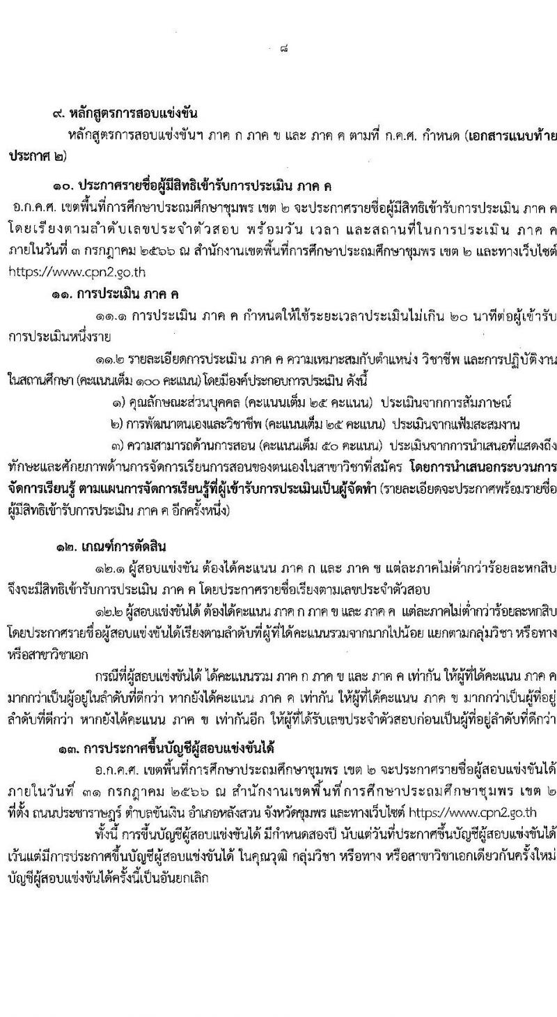 อ.ก.ค.ศ.เขตพื้นที่การศึกษาประถมศึกษาชุมพร รับสมัครสอบแข่งขันเพื่อบรรจุและแต่งตั้งบุคคลเข้ารับราชการเป็นข้าราชการครูและบุคลากรทางการศึกษา ตำแหน่งครูผู้ช่วย จำนวน 10 กลุ่มวิชา จำนวน 84 อัตรา (วุฒิ ป.ตรี) รับสมัครสอบทางอินเทอร์เน็ตตั้งแต่วันที่ 31 พ.ค. – 6 มิ.ย. 2566