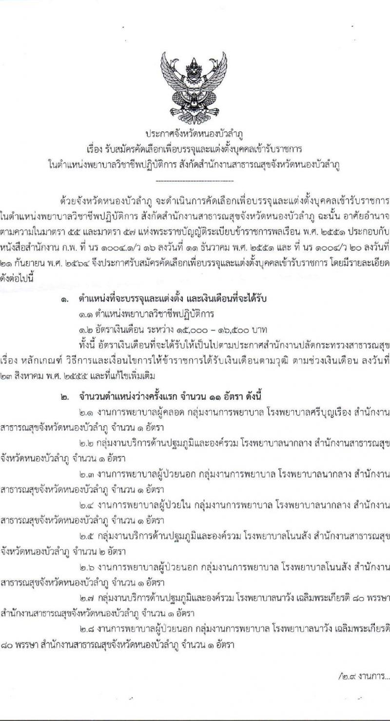 สาธารณสุขจังหวัดหนองบัวลำภู รับสมัครคัดเลือกเพื่อบรรจุและแต่งตั้งบุคคลเข้ารับราชการ ตำแหน่งพยาบาลวิชาชีพปฏิบัติการ ครั้งแรก 11 อัตรา (วุฒิ ป.ตรี การพยาบาล) รับสมัครสอบและส่งใบสมัครทางไปรษณีย์ตั้งแต่วันที่ 15-23 มิ.ย. 2566