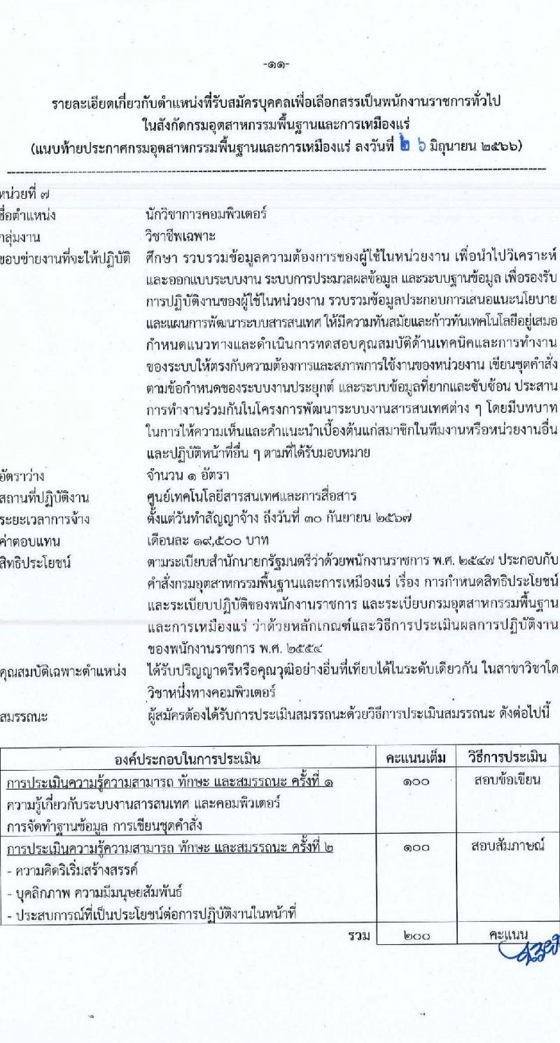 กรมอุตสาหกรรมพื้นฐานและการเหมืองแร่ รับสมัครบุคคลเพื่อเลือกสรรเป็นพนักงานราชการทั่วไป จำนวน 7 ตำแหน่ง ครั้งแรก 12 อัตรา (วุฒิ ปวส.หรือเทียบเท่า ป.ตรี) รับสมัครสอบทางอินเทอร์เน็ตตั้งแต่วันที่ 3-11 ก.ค. 2566