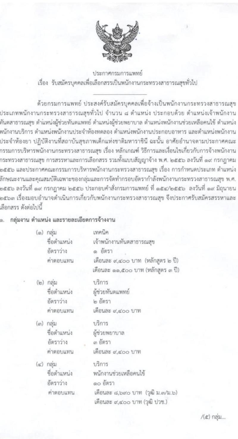 กรมการแพทย์ รับสมัครบุคคลเพื่อเลือกสรรเป็นพนักงานกระทรวงสาธารณสุขทั่วไป จำนวน 8 ตำแหน่ง ครั้งแรก 27 อัตรา (วุฒิ ม.3 ม.6 ปวช.) รับสมัครสอบตั้งแต่วันที่ 5-27 ก.ค. 2566