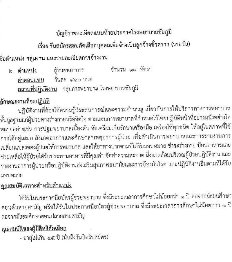 โรงพยาบาลชัยภูมิ รับสมัครบุคคลเพื่อเลือกสรรเป็นลูกจ้างชั่วคราว จำนวน 4 ตำแหน่ง 101 อัตรา (บางตำแหน่งไม่ใช้วุฒิ ม.ต้น ม.ปลาย ปวช. ปวส. ป.ตรี) รับสมัครสอบตั้งแต่วันที่ 3-13 ก.ค. 2566