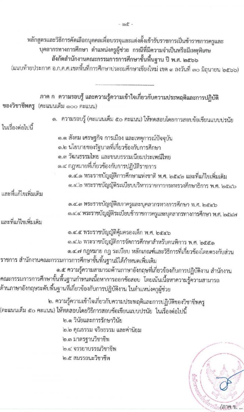 อ.ก.ค.ศ. เขตพื้นที่การศึกษาประถมศึกษาเชียงใหม่ เขต 3 รับสมัครคัดเลือกบุคคลเพื่อบรรจุและแต่งตั้งบุคคลเข้ารับราชการ ตำแหน่งครูผู้ช่วย กรณีที่มีความจำเป็นหรือมีเหตุพิเศษ จำนวน 6 สาขาวิชาเอก ครั้งแรก 22 อัตรา (วุฒิ ป.ตรี) รับสมัครสอบด้วยตนเองตั้งแต่วันที่ 21-27 ก.ค. 2566