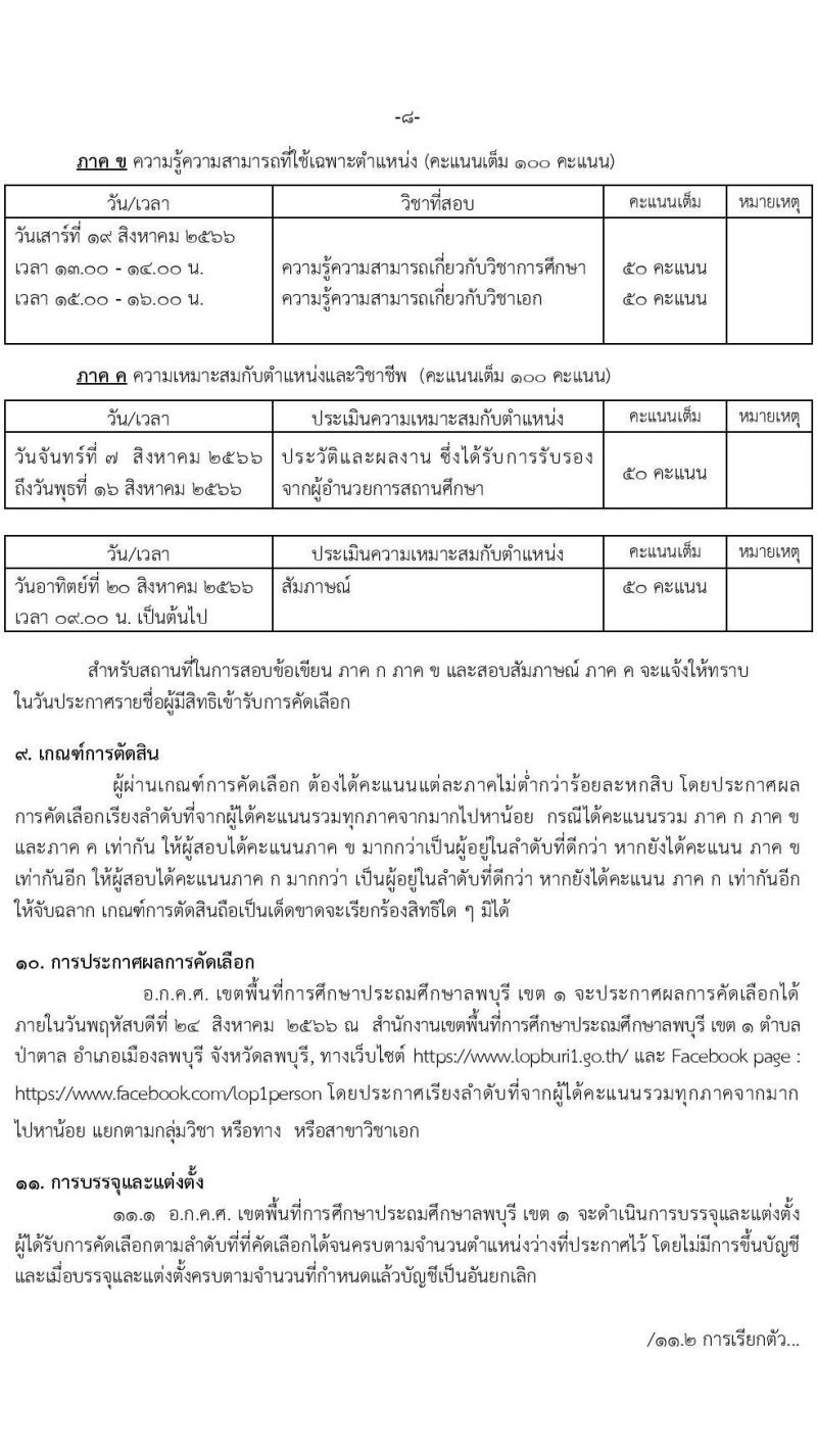 อ.ก.ค.ศ. เขตพื้นที่การศึกษาประถมศึกษาลพบุรี เขต 1 รับสมัครคัดเลือกบุคคลเพื่อบรรจุและแต่งตั้งเข้ารับราชการครูและบุคคลาการทางการศึกษา ตำแหน่งครูผู้ช่วย กรณีที่มีความจำเป็นหรือมีเหตุพิเศษ จำนวน 11 กลุ่มวิชา รวม 77 อัตรา (วุฒิ ป.ตรี) รับสมัครสอบตั้งแต่วันที่ 21-27 ก.ค. 2566