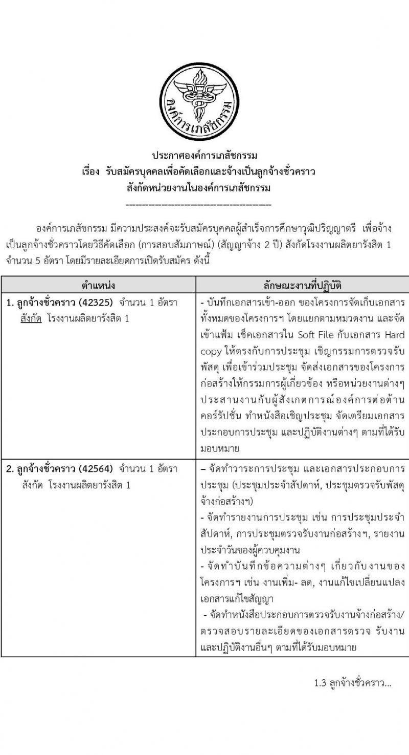 องค์การเภสัชกรรม รับสมัครบุคคลเพื่อคัดเลือกและจ้างเป็นลูกจ้างชั่วคราว จำนวน 5 ตำแหน่ง 5 อัตรา (วุฒิ ป.ตรี) รับสมัครสอบทางอีเมลตั้งแต่วันที่ 21 ก.ค. – 4 ส.ค. 2566