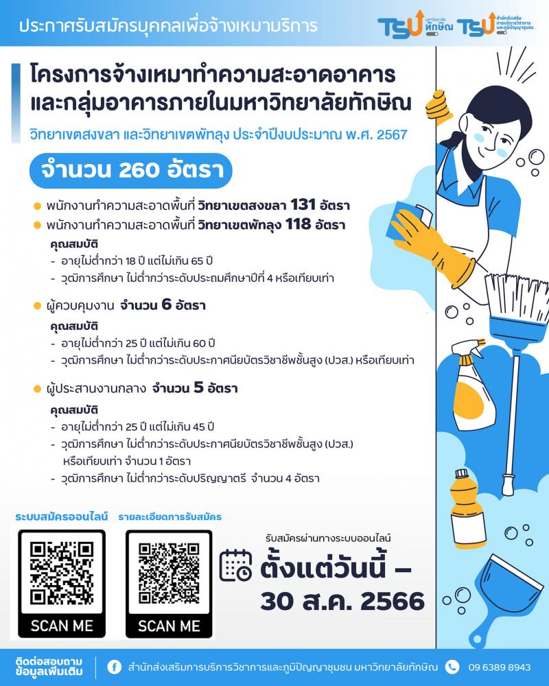 มหาวิทยาลัยทักษิณ รับสมัครบุคคลเพื่อจ้างเหมาบริการ จำนวน 3 ตำแหน่ง 260 อัตรา (วุฒิ ไม่ต่ำกว่า ป.4 ปวส. ป.ตรี) รับสมัครสอบยื่นสมัครทางออนไลน์ทางเฟซบุ๊คตั้งแต่ 14-30 ส.ค. 2566