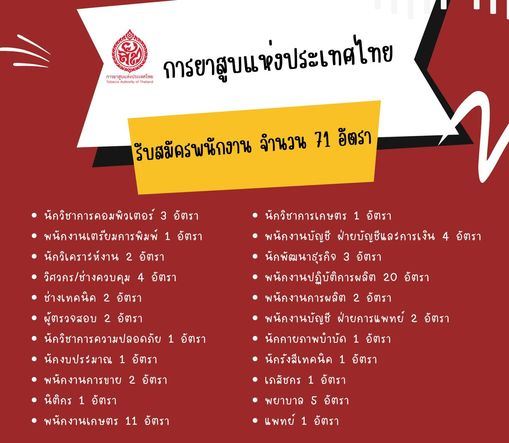 การยาสูบแห่งประเทศไทย รับสมัครบุคคลเพื่อสอบคัดเลือกพนักงาน จำนวน 71 อัตรา (วุฒิ ปวส. ป.ตรี ป.โท ป.เอก) รับสมัครสอบทางอินเทอร์เน็ตตั้งแต่วันที่ 31 ก.ค. – 31 ส.ค. 2566